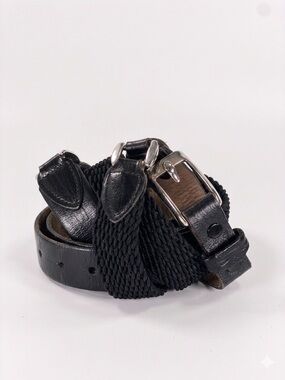 PARIS Vintage Black Woven Elastic Belt Leather Trim Silver Buckle Made in USA 32